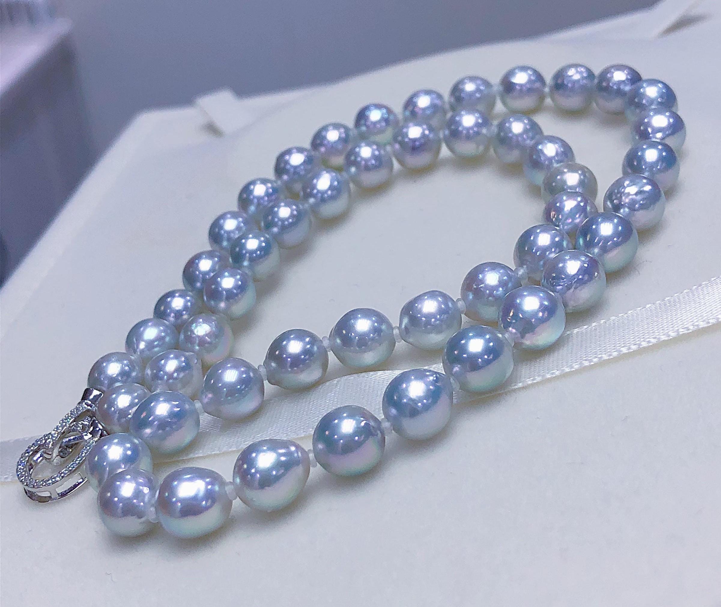 Super Value *** 7.5mm-8mm Akoya Baroque Pearls Beaded Necklace Bright Silvery Blue Gray Color Multicolored Super High Luster