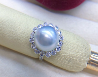 10,5 mm Zuidzee barokke witte parelring helderblauw koelwit sterlingzilver open eindring hoge glans