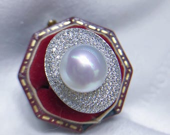 10.6mm South Sea White Pearl Ring Bright Cool White Color Very High Luster
