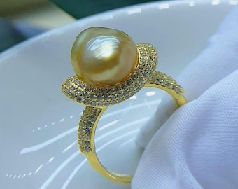 Anillo barroco de perlas doradas de los Mares del Sur de 11 mm x 14,7 mm, oro brillante y soleado, anillo abierto de muy alto brillo.