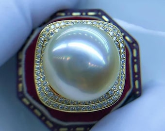 15.4mm South Sea Golden Pearl Ring | S925 Sterling Silver | Medium Golden Pearl | CZ Halo | Adjustable US 6–9