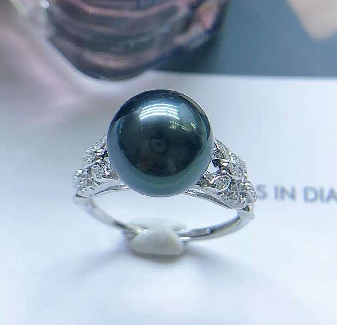 10.3mm Tahitian Green Pearl Ring Intense Vivid Black Green Color Very ...