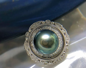Luxus Tahiti Peacock Green Pearl Ring 10.7 mm | Echte Tahiti Perle | S925 Sterling Silber Halo Ring Verstellbar | Vintage Palast-Stil