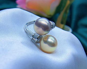 10.5mm-11mm Double Pearl Ring Metallic Freshwater Pearls Metallic Purple Gold Color Open End Ring Very High Luster