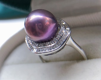 Anillo de perla de agua dulce metálica de 11,3 mm Color púrpura malva metálico Brillo muy alto