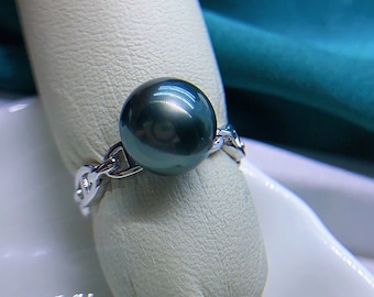 9.5mm Tahitian Green Pearl Ring Intense Black Green Very High luster