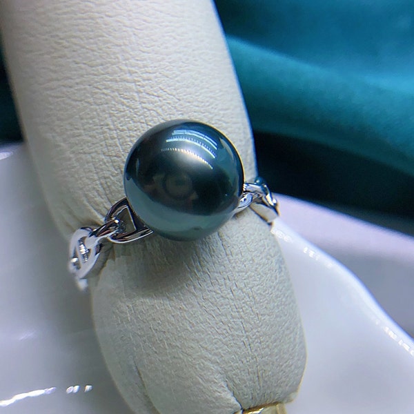 9.5mm Tahitian Green Pearl Ring Intense Black Green Very High luster