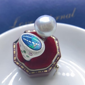Rare Find *** 7mmx11.6mm Natural Australia Doublet Opal 11.9mm South Sea Baroque White Pearl Ring Very High luster Open End Ring