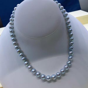 8mm-8.5mm Big Akoya Pearls Beaded Necklace Bright Gray Blue Color Very High Luster