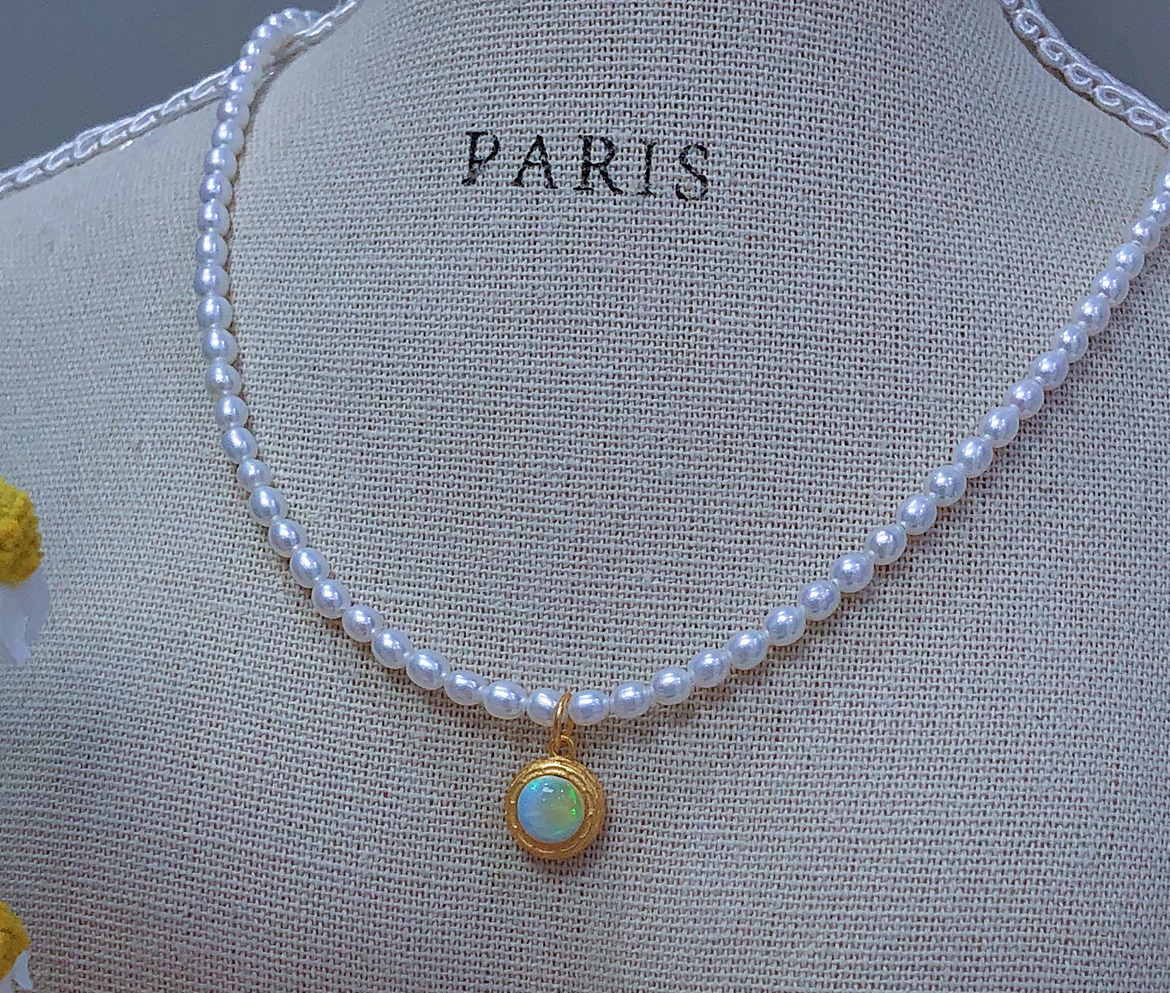 Super Value *** 6mm Ethiopian Black Opal Pendant Multi Fire Opal | 3mm -3.5mm Freshwater White Pearls Beaded Necklace Super High Luster