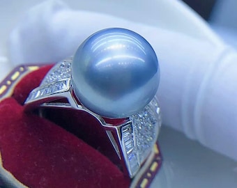 Super Wert 12,6 mm große Tahitiperle Ring Schöne Pastell blau graue Farbe sehr hohen Glanz Sterling Silber Open-End-Ring