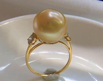 12.9mm Big South Sea Golden Pearl Ring Bright Sunny Gold Color 14k Yellow Gold Very High Luster