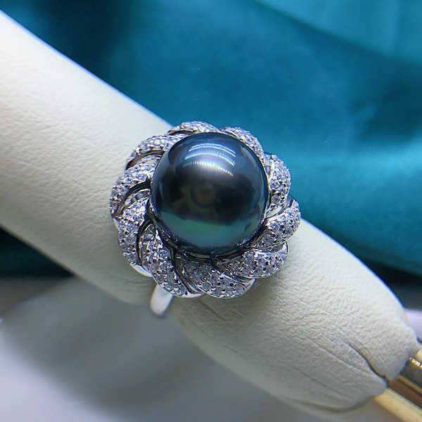 11.8mm Big Tahitian Pearl Ring Instense Green Color High luster Open End Ring