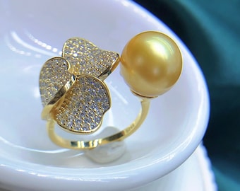 11.8mm South Sea Golden Pearl Ring Deep Tone High Luster Open End Ring