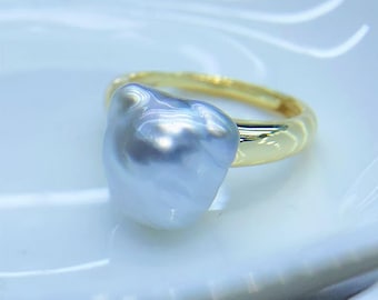 11.2mm South Sea Baroque White Pearl Ring, Bright Silvery White Color Multicolored Super High Luster Sterling Silver Open-end Ring