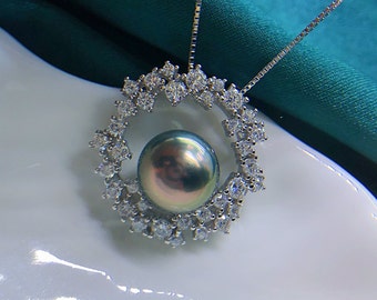 10mm Tahitian Peacock Green Pearl Pendant Very High Luster