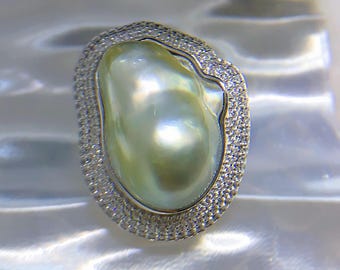 Hallazgo excepcional ***Enorme anillo de perla barroca dorada de los Mares del Sur de 14,5 x 20 mm, perla dorada natural de los Mares del Sur, anillo ajustable de plata de ley, talla estadounidense 6-9
