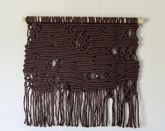 Macrame Wall Hanging: Boho Woven Fiber Art on Dowel, Dark Chocolate Brown