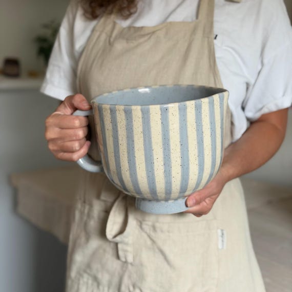 Steingut Teigschüssel Blue Stripe Keramik Rührschüssel mit Ausguss