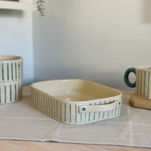 Striped Ceramic Pie Dish Speckled Stoneware Baking Dish Handmade Clay Tray Rectangular Lasagna Dish