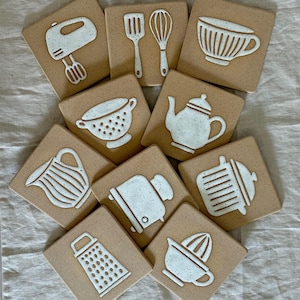 Handmade Scandinavian Backsplash Tiles for Stove Whimsical Kitchen Wall Art Minimalist Cute Coaster Set Unique Pottery Coasters