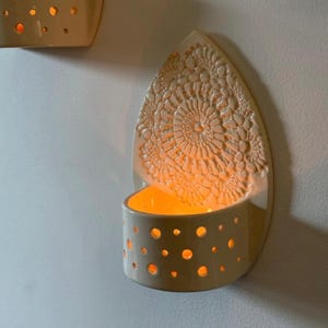 Textured Lace Pattern Wall Mounted Ceramic Candle Holder Wall Sconce Handmade Housewarming Gifts