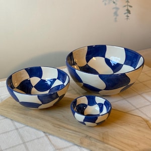Blue Checkered Ceramic Nesting Bowl Set Large Stoneware Salad Serving Bowl Kitchen Island Bowl