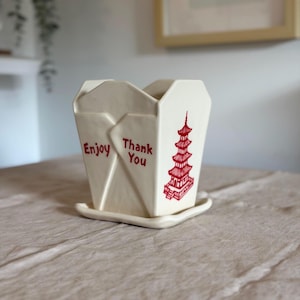 Handmade Ceramic Takeout Box Planter with Drainage Hole, Pagoda Design Pot