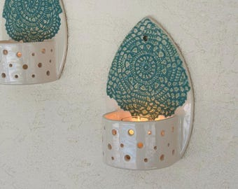 Handmade Ceramic Wall Sconce: Teal Doily Design, Farmhouse Decor