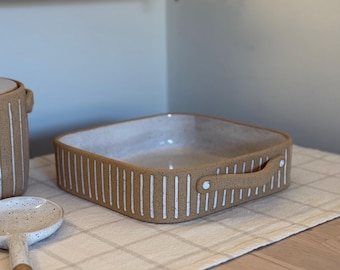 Fuente de horno cuadrada de cerámica, fuente para pastel de gres a rayas, molde para hornear de arcilla