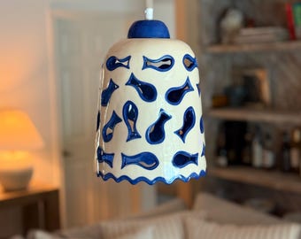 Ceramic Pendant Light with Blue Fish for Kitchen Island Unique Ceiling Light Fixture