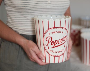 Handmade Stoneware Popcorn Bowl, Retro Ceramic Snack Bucket with Red Stripes