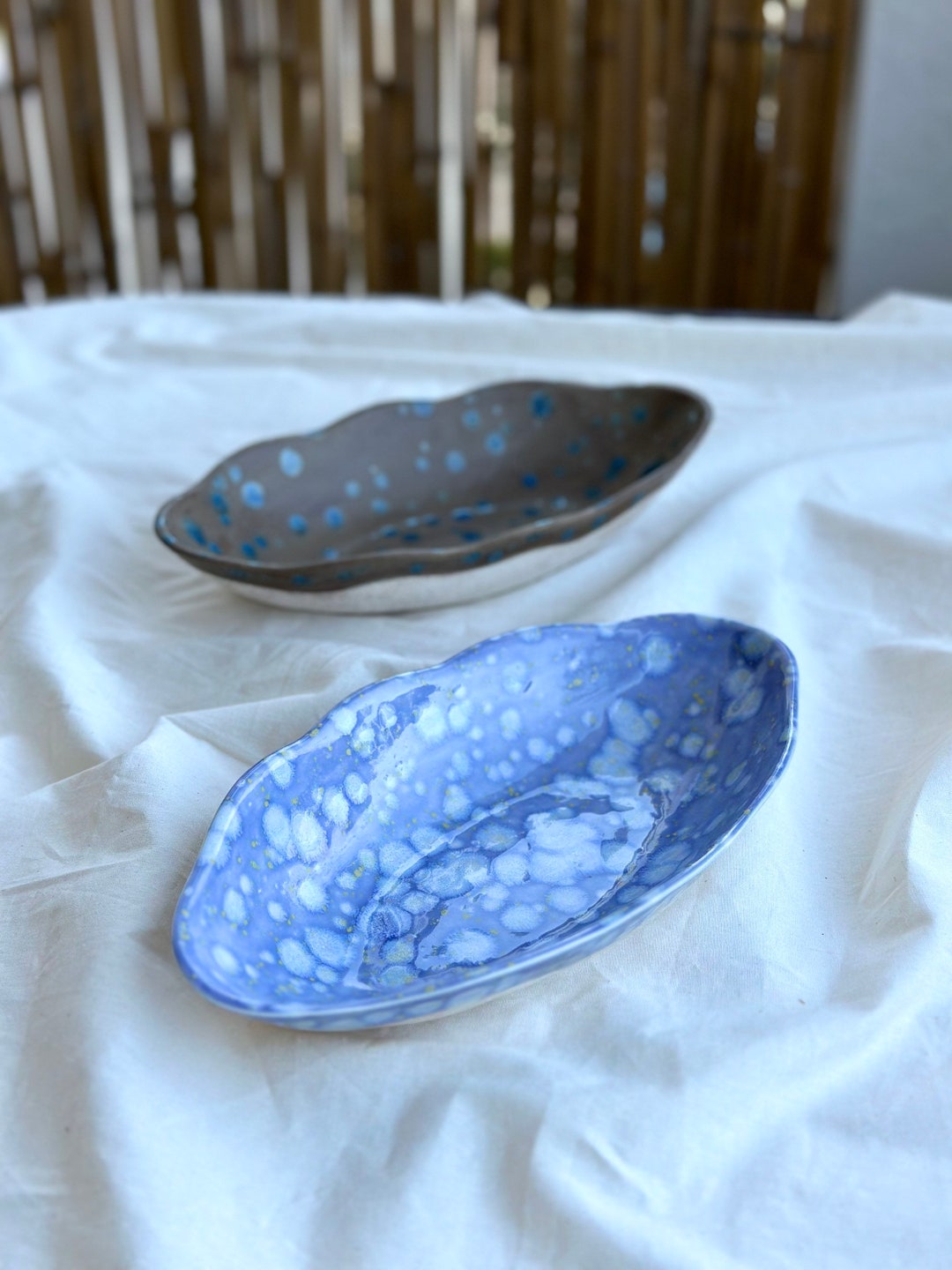 Stoneware Oval Pasta Bowls Purple Brown Boat Serving Bowl Etsy