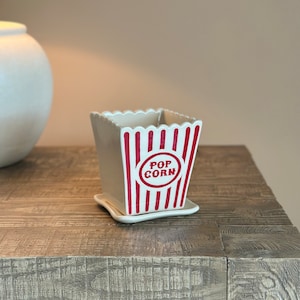 Popcorn Bucket Planter with Drainage Handmade Ceramic Cute Planter Popcorn Lover Gift image 2