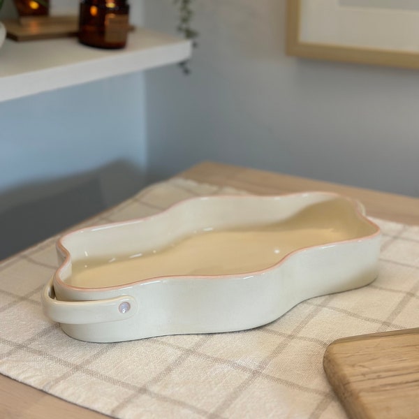Stoneware Clay Baking Dish Wavy Edge Ceramic Serving Bowl Pottery Fruit Bowl Gift for All