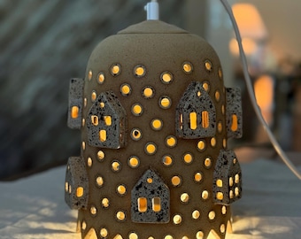 Handmade Ceramic Pendant Light: Tiny House Village, Boho Home Decor