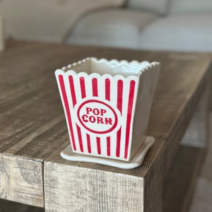 Popcorn Bucket Planter with Drainage Handmade Ceramic Cute Planter Popcorn Lover Gift image 1