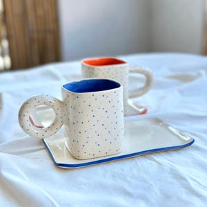 Polka Dot Handmade Ceramic Clay Mugs with Saucers Handpainted Unique Square Coffee Cups Orange and Blue Mug