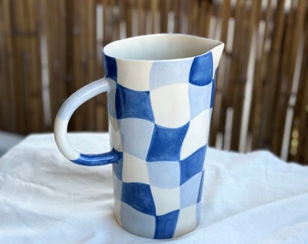 50 oz - 1.5 L Handmade Wavy Checkered Blue and White Clay Jug Ceramic Water Pitcher