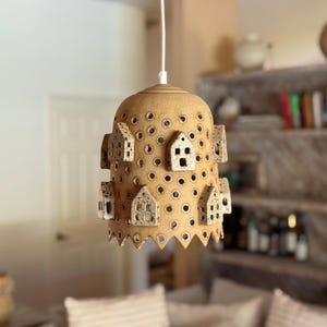 Ceramic Pendant Light with Tiny Houses Handmade Ceramic Ambient Lamp for Boho Cozy Home Decor Whimsical Unique Ceiling Light
