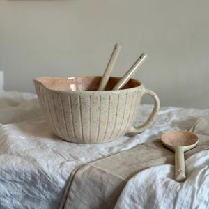 Pink Stoneware Mixing Bowl with Spout Large Handmade Ceramic Batter Bowl Unique Cooking Gifts for Her