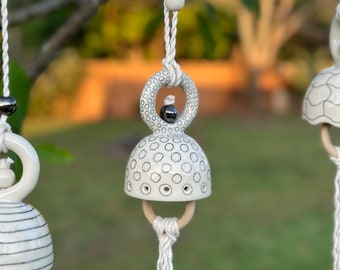 Stoneware  Bells Pencil Lines Ceramic Bells with Ceramic Beads Housewarming Gift