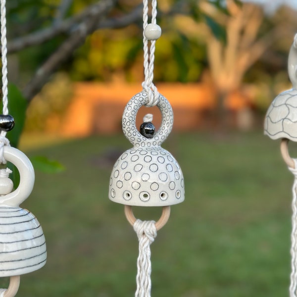 Stoneware  Bells Pencil Lines Ceramic Bells with Ceramic Beads Housewarming Gift