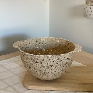 Footed Pottery Colander Ceramic Berry Bowl with Handle Porcelain Berry Basket Housewarming Gift