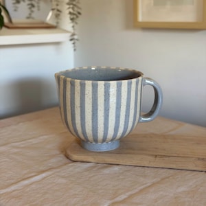 Blue Stripe Stoneware Mixing Bowl with Spout and Handle Speckled Handmade Ceramic Batter Bowl