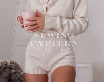 Fitted Jumpsuit Sewing Pattern - Button Front Long Sleeve Romper PDF, Sizes 32-46 (EU)