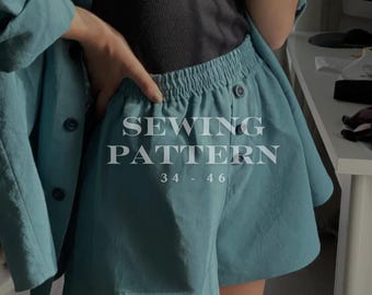 Linen Sweat Shorts Sewing Patterns, Elastic waist shorts Sewing Pattern, With side Pockets, Sewing pattern for beginners