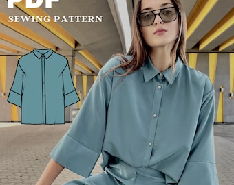 Easy stylish shirt with 3/4 sleeves - Stylish Women Shirt PDF sewing pattern - Short sleeves shirt digital sewing pattern