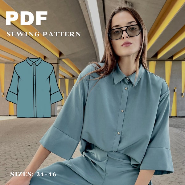 Easy stylish shirt with 3/4 sleeves - Stylish Women Shirt PDF sewing pattern - Short sleeves shirt digital sewing pattern