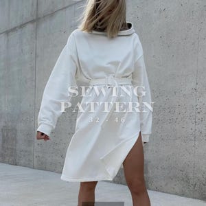 Hoodie dress PDF sewing pattern, Oversize long dress with belt sewing pattern